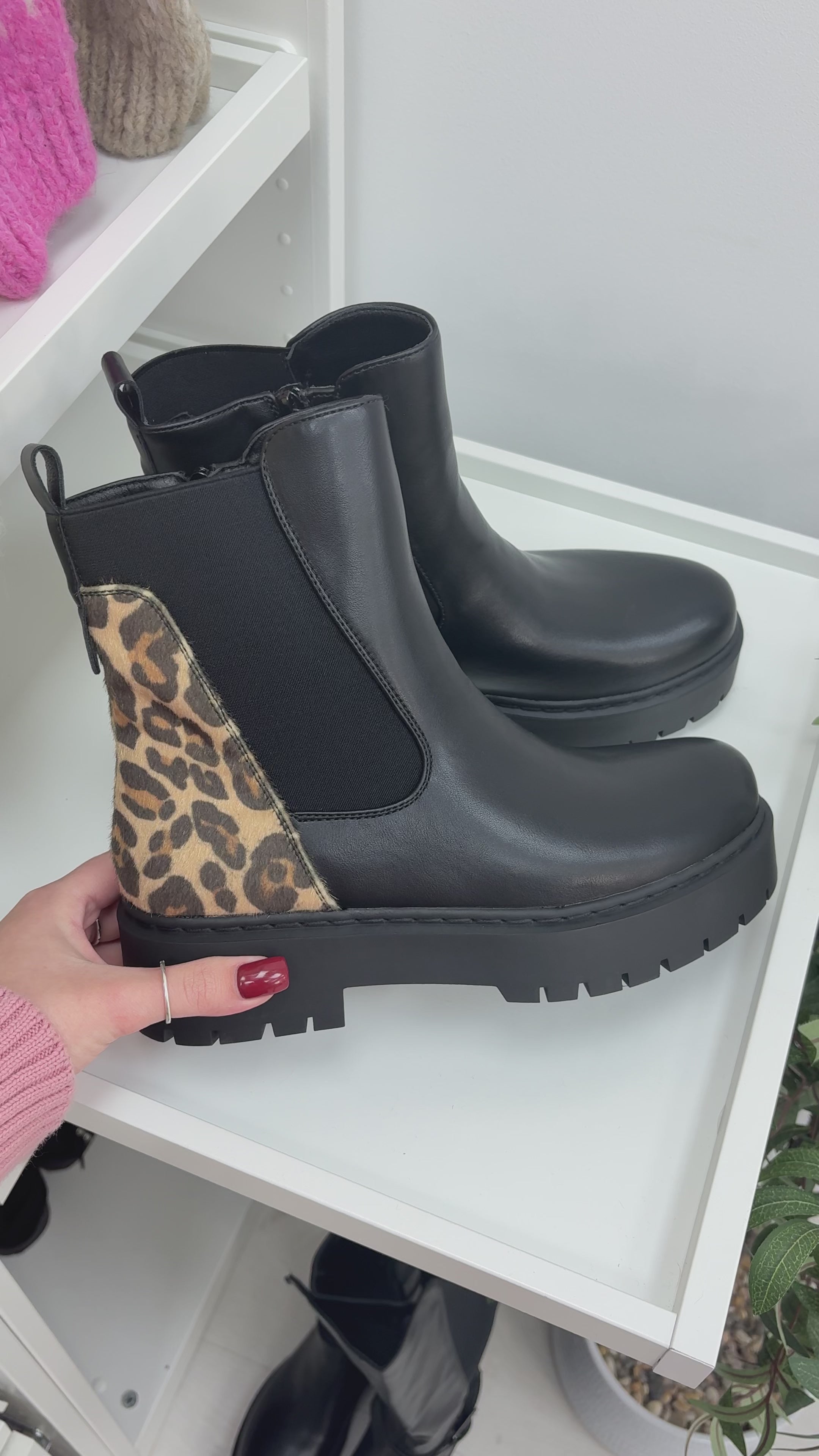 Load video: Michella Leopard Print Panel Chelsea Boots