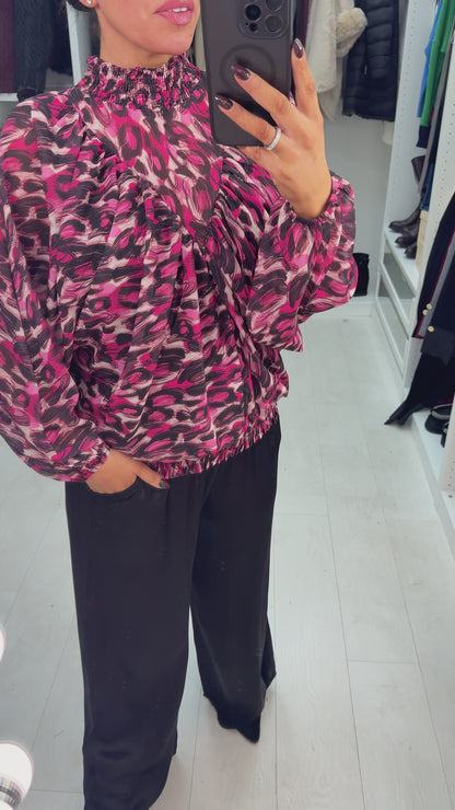 Estefan Abstract Print Double Layer Shirred High Neck Blouse