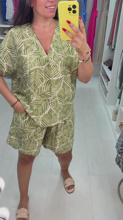 Delphine Leaf Print V Neck Shorts Co-Ord Set