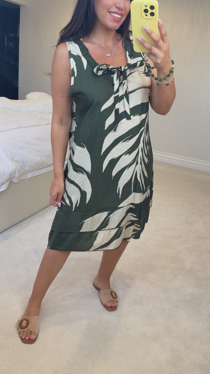 Ellerie Sleeveless Leaf Print Smock Midi Dress