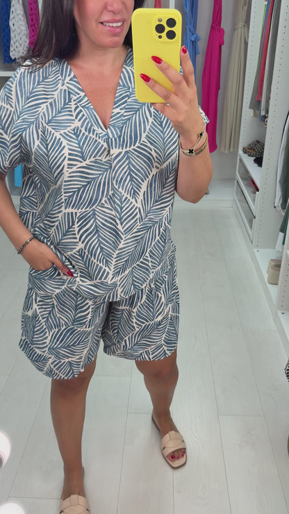 Delphine Leaf Print V Neck Shorts Co-Ord Set