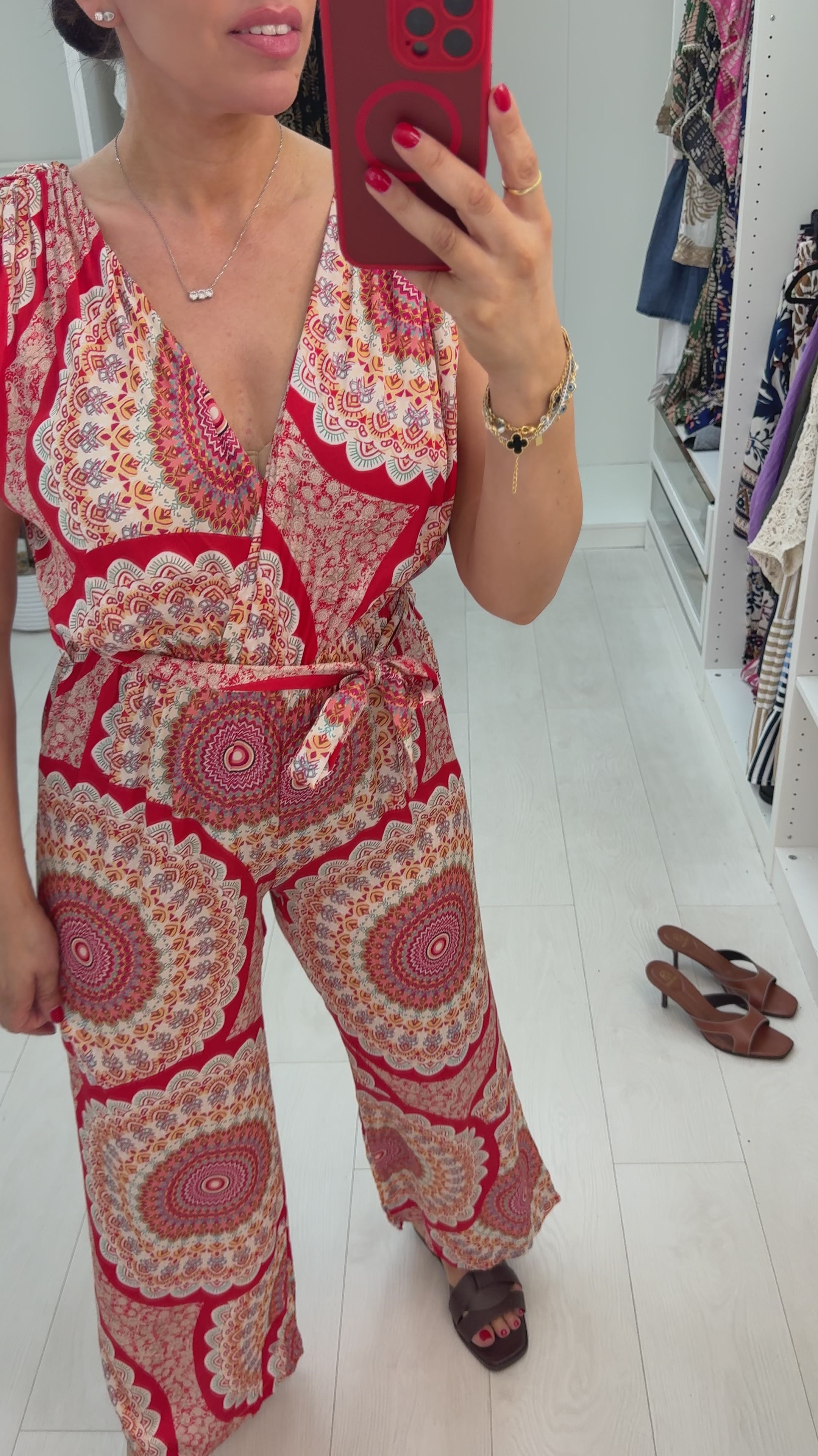 Load video: Malta Silk Scarf Print Grecian Style Jumpsuit