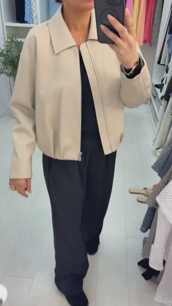 Load video: Kool Faux Leather Zip Front Jacket