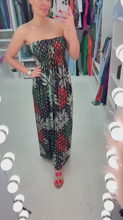 Sally Elasticated Bust Leaf Print Bandeau Maxi Dress