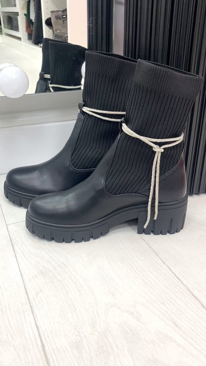 Zelie Faux Leather Ribbed Sock Detailed Diamante Lace Boots
