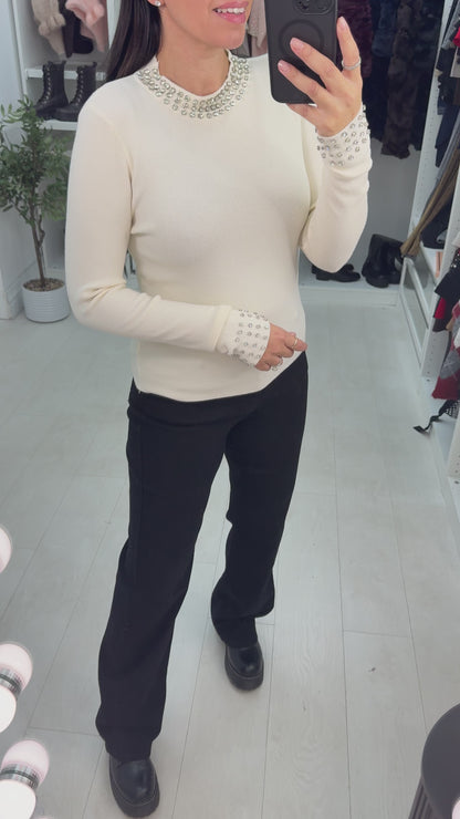 Patrese Diamante Detail Round Neck Ribbed Jumper