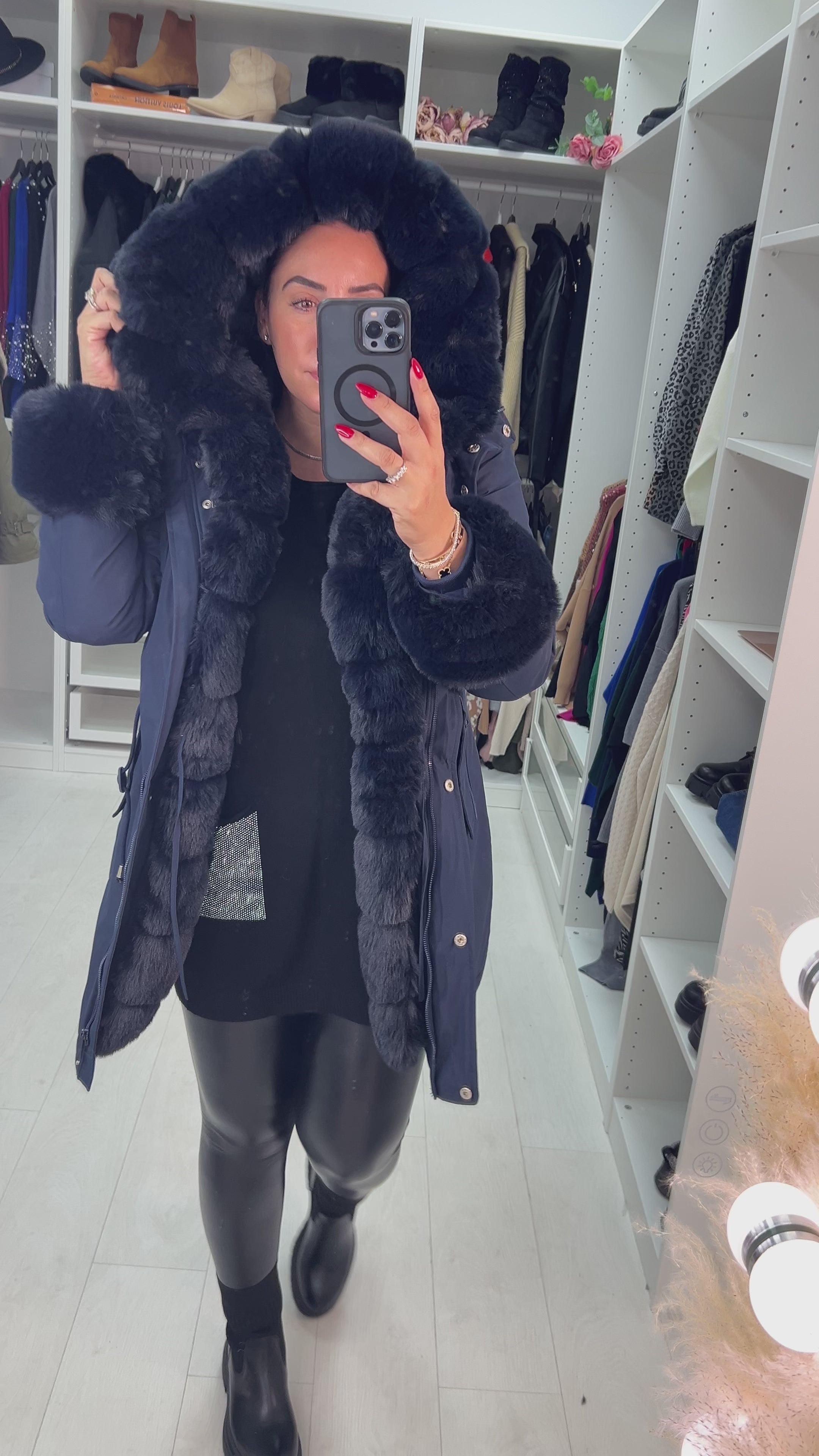 Load video: Jaya Navy Faux Fur Hooded Toggle Coat