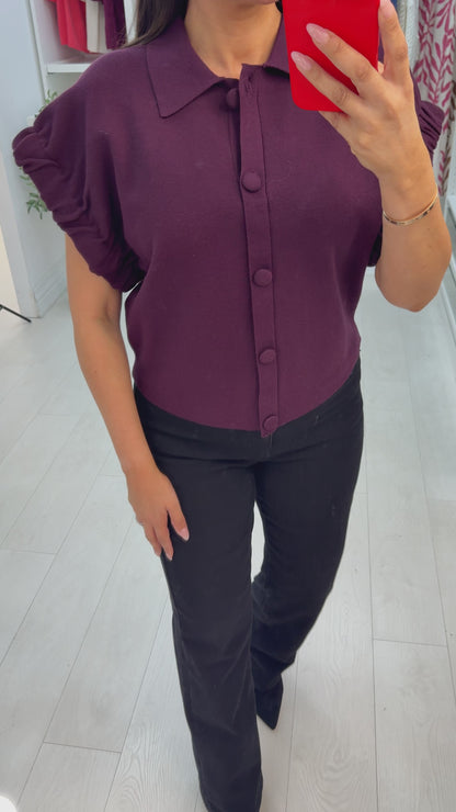 Calluna Plain Button Front Ruched Sleeve Jumper