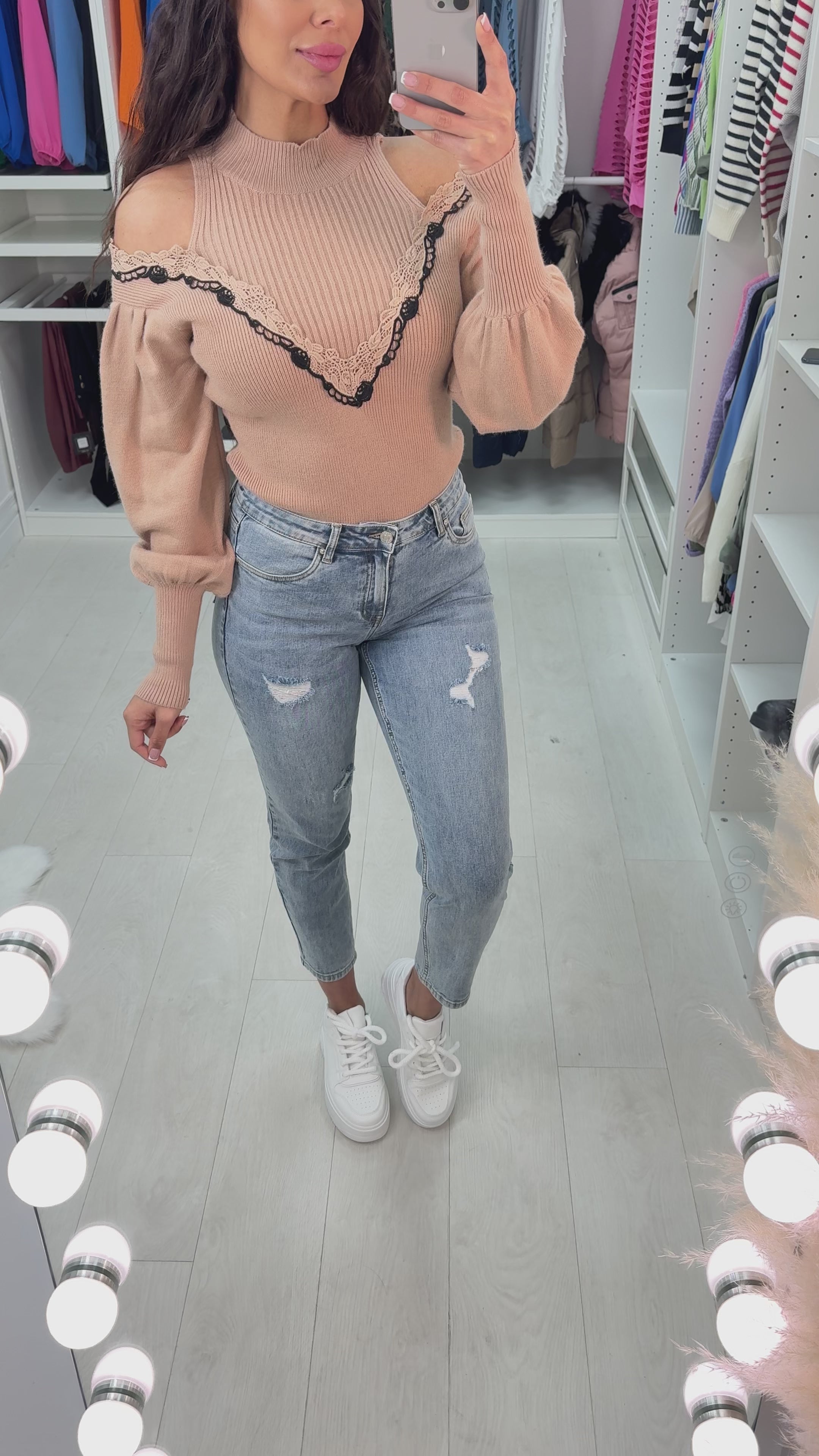 Load video: Montana Cold Shoulder Lace Detail Jumper