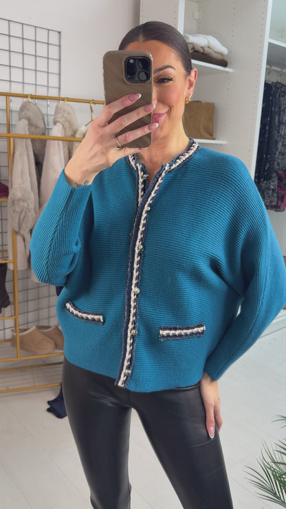 Yvonne Plain Denim Trim Knitted Cardigan