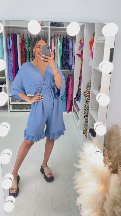 Aicha V Neck Drop Sleeve Ruffle Hem Playsuit