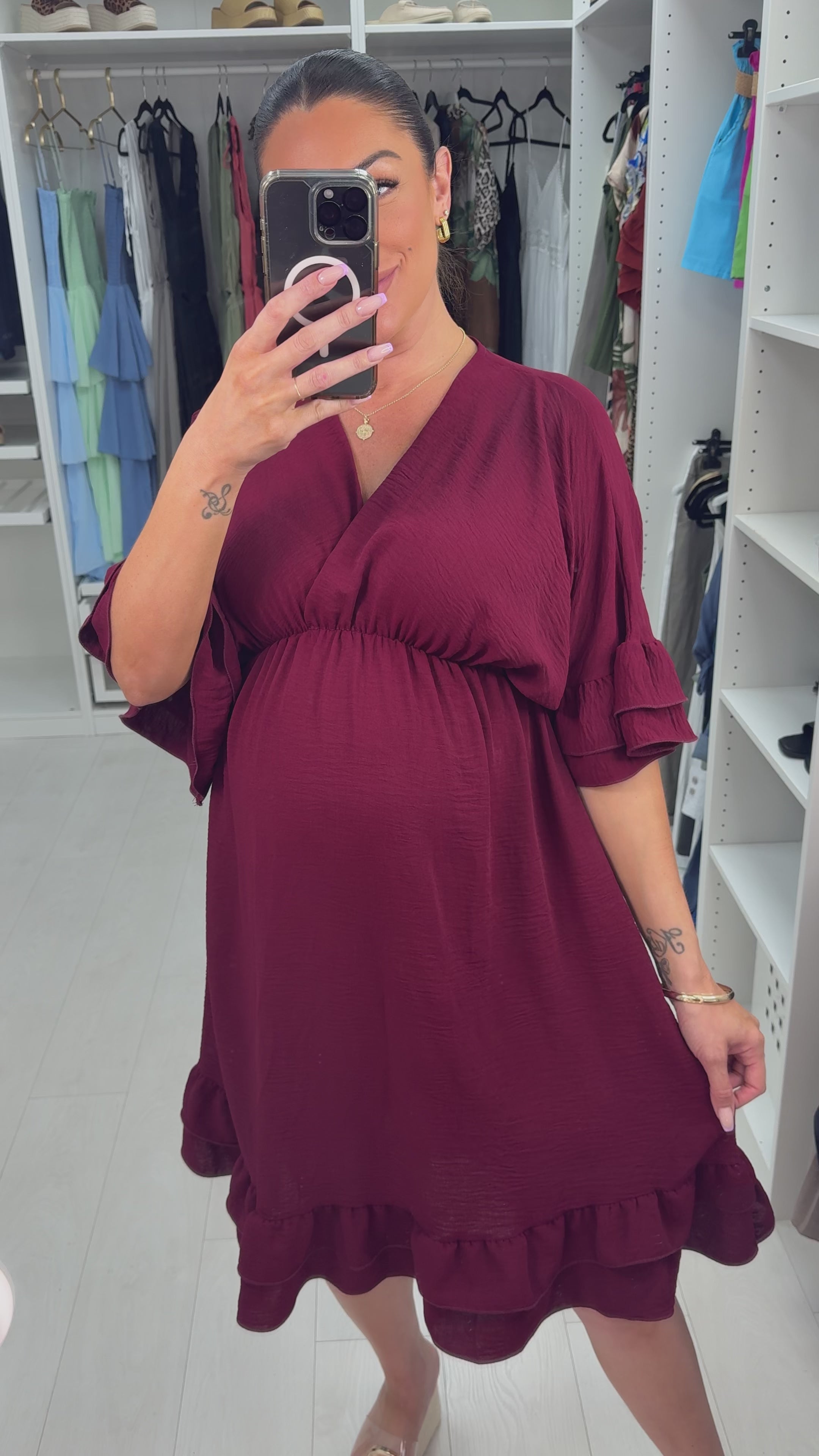 Load video: Odessa Plain V Neck Frill Detail Midi Dress