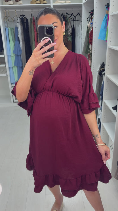 Odessa Plain V Neck Frill Detail Midi Dress