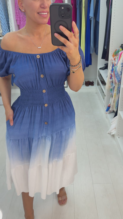 Lorna Button Detailed Shirred Waist Ombre Midi Dres