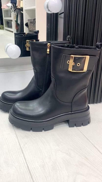 Bailee Black Faux Leather Buckle Detail Boots