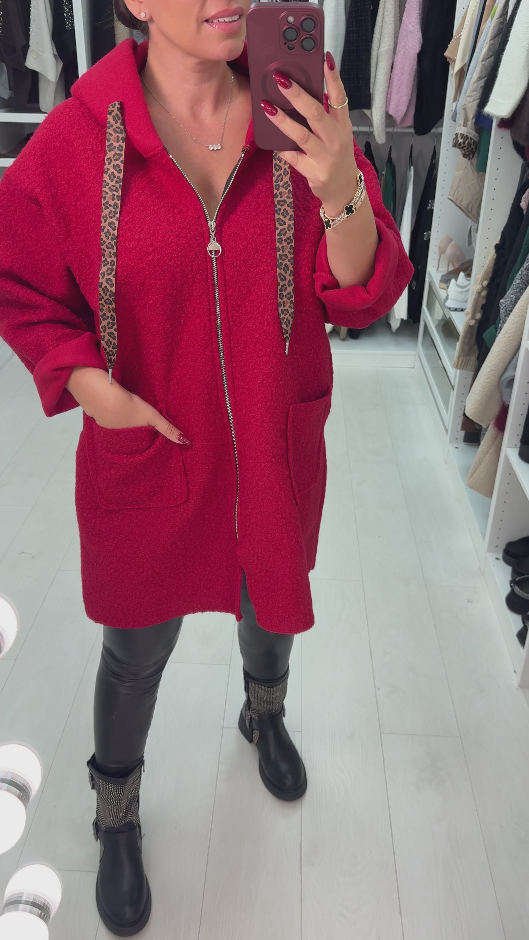 Load video: Lindsey Boucle Hooded Leopard Detail Jacket