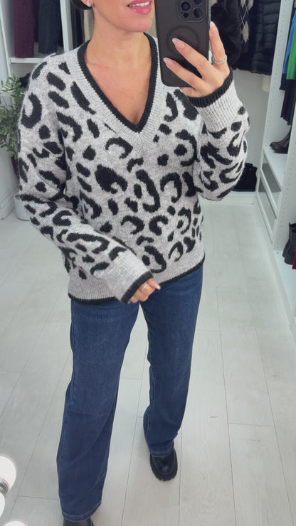 Archer Leopard Print V Neck Jumper