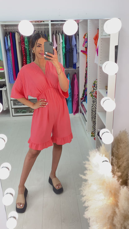 Aicha V Neck Drop Sleeve Ruffle Hem Playsuit