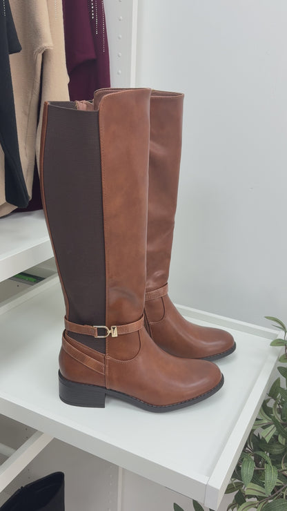 Zinnia Faux Leather Gold Buckle Detail Knee High Boots