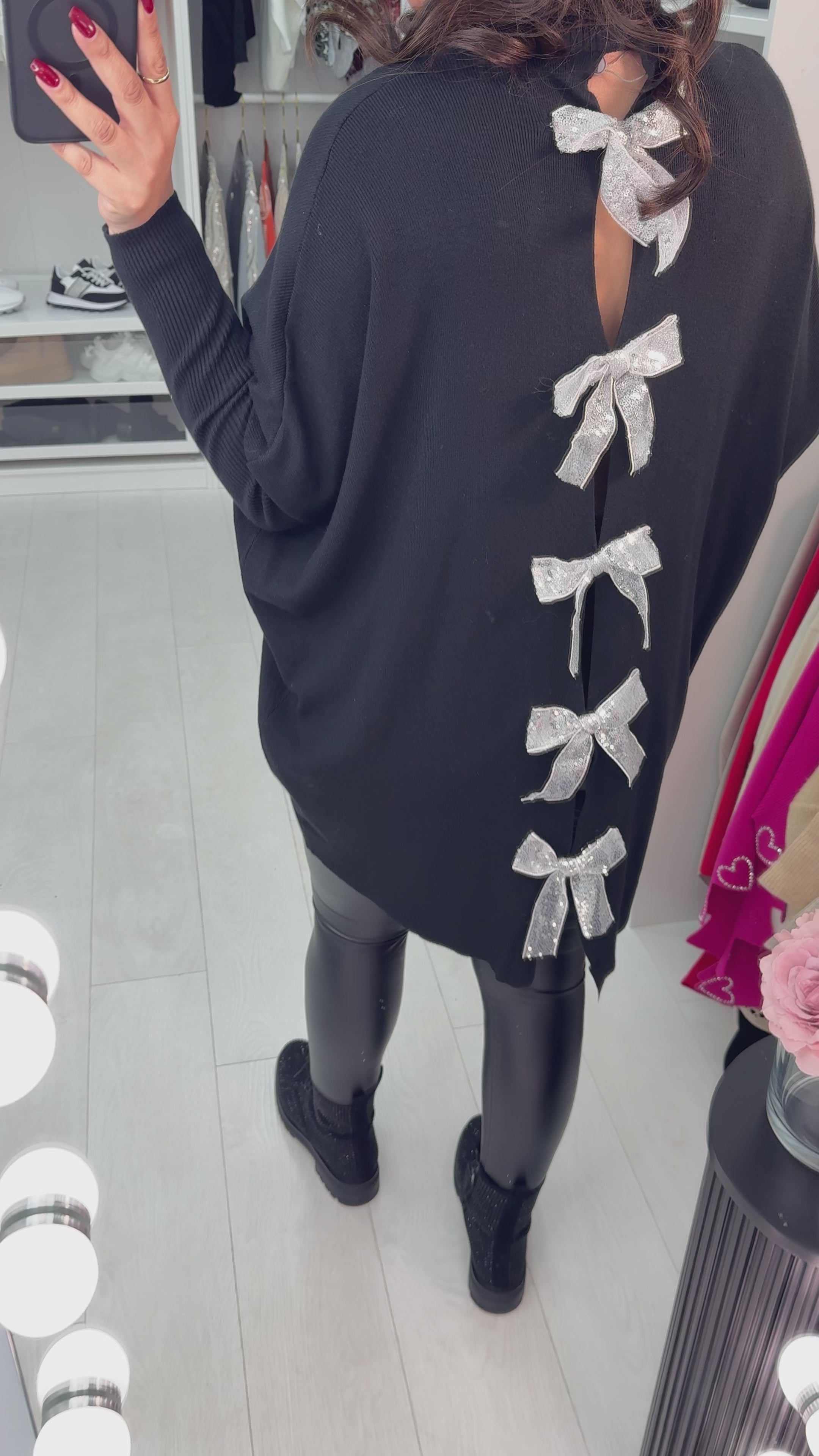 Load video: Myla Plain Sequin Bow Back Jumper