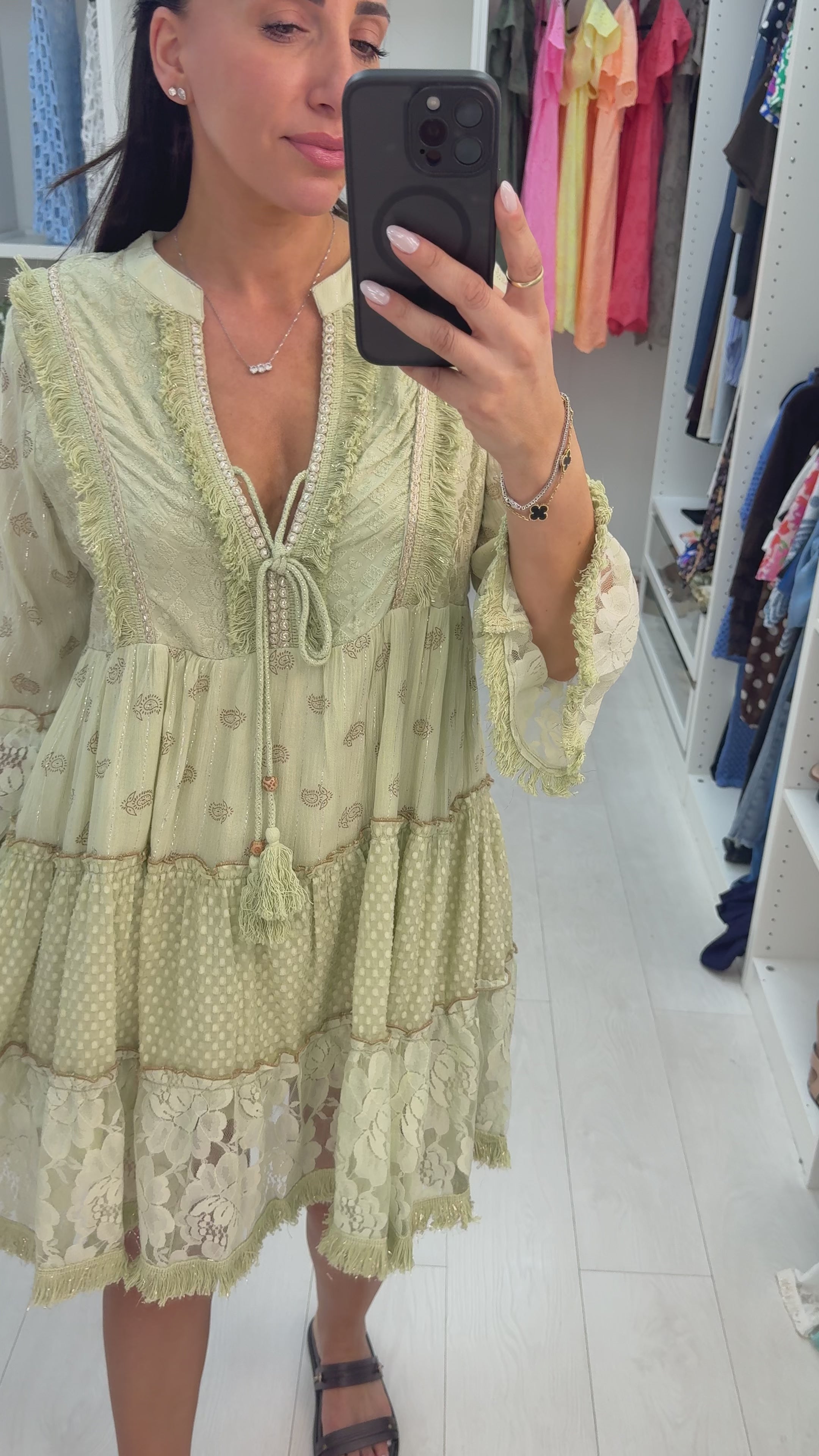Load video: Halli Embellished V Neck Smock Midi Dress