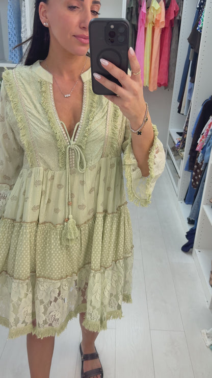 Halli Embellished V Neck Smock Midi Dress
