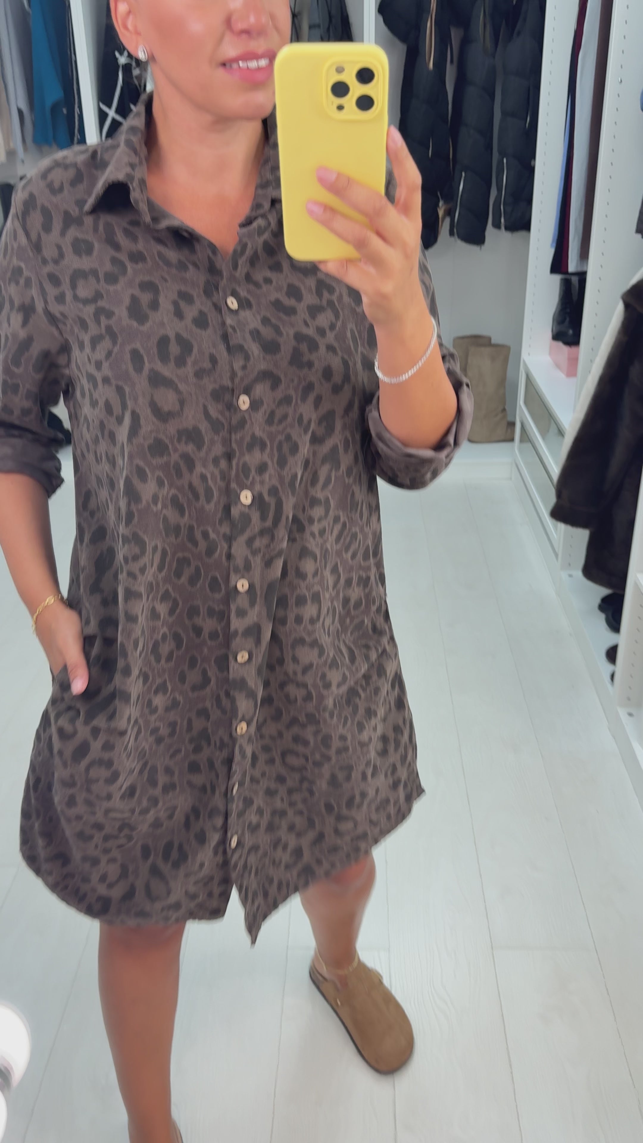 Nadene Leopard Print Corduroy Shirt Dress