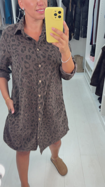 Nadene Leopard Print Corduroy Shirt Dress