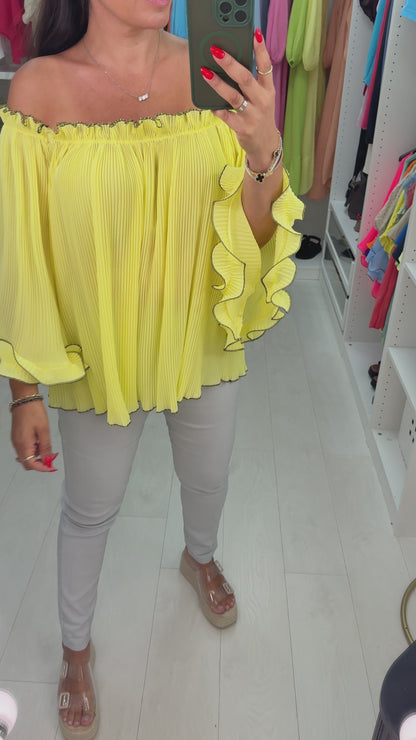 Elyse Pleated Ruffle Curl Bardot Top