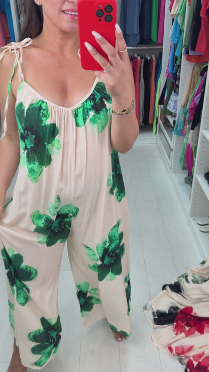 Alida Cream Watercolour Tie shoulder Jumpsuit