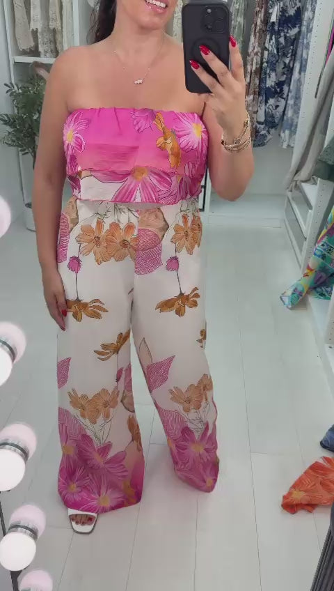 Load video: Carmella Floral Print Frill Bardot Jumpsuit
