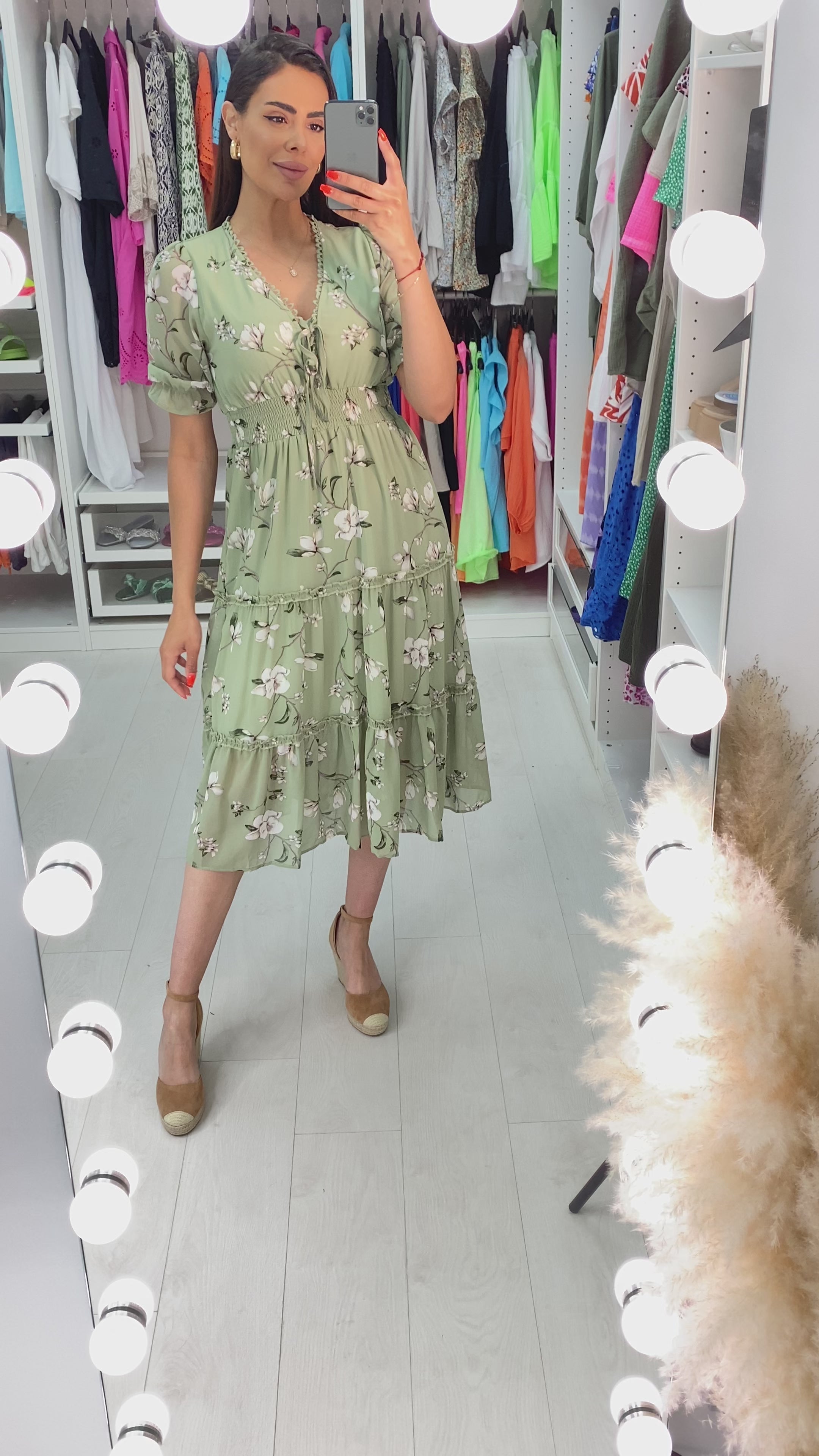 Alani Sage Chiffon Flower Stem Midi Dress