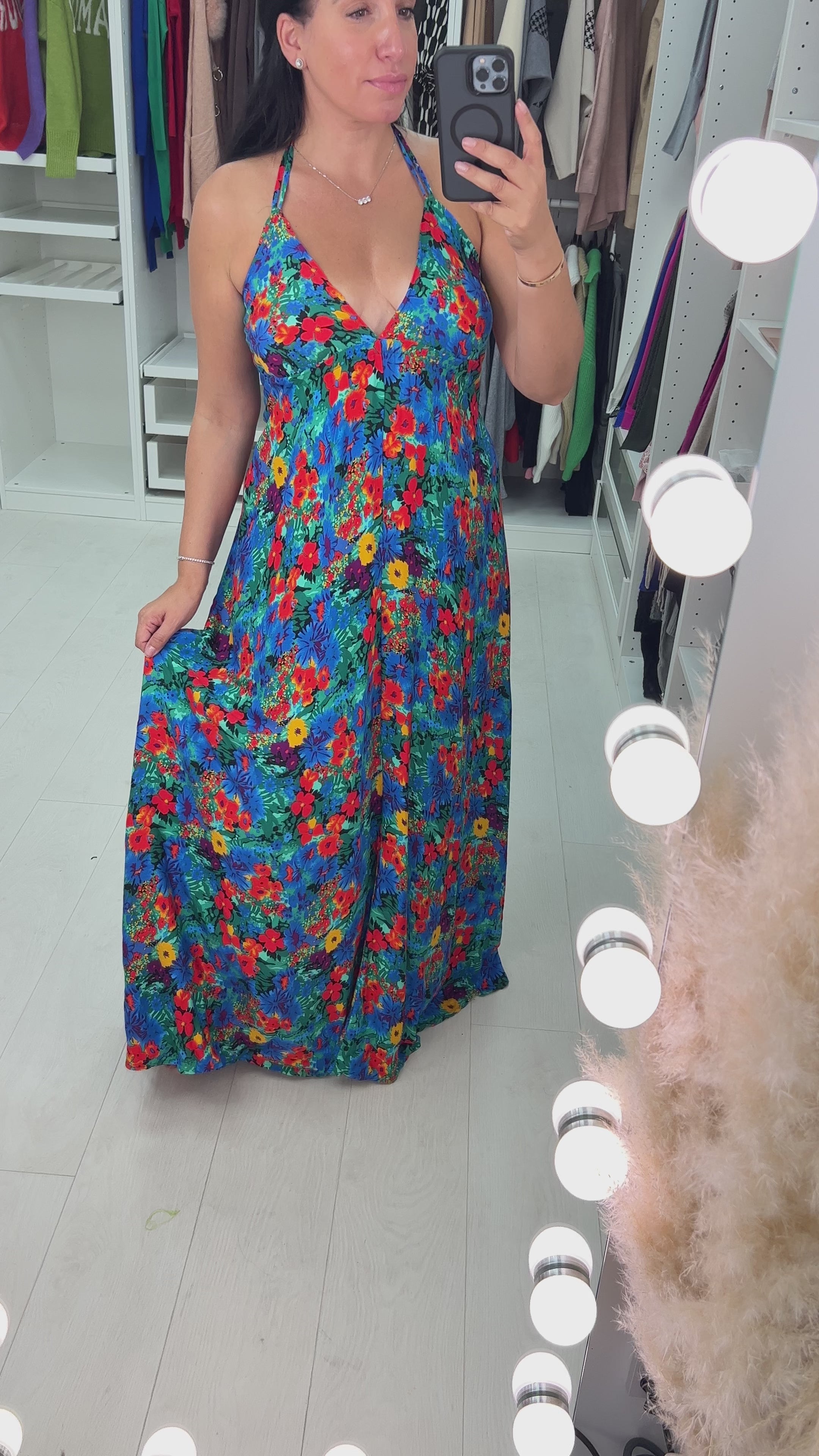 Load video: Suranne Royal Blue Deep V Back Floral Maxi Dress