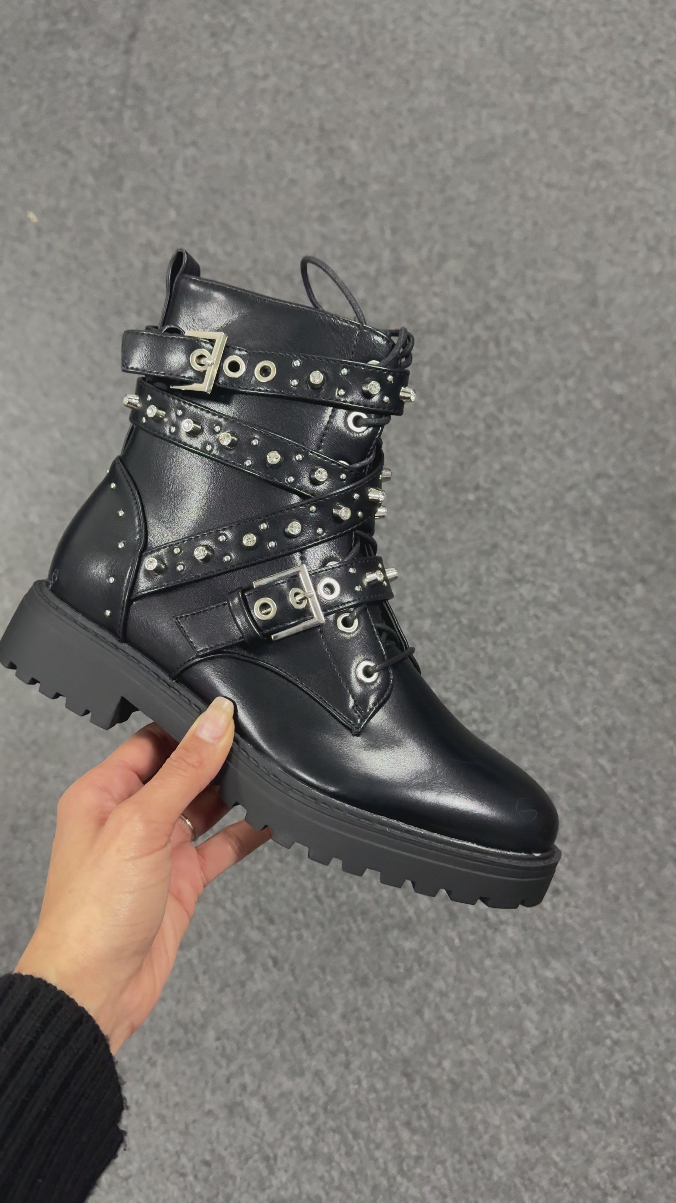 Load video: Paris Faux Leather Jewel Studded Biker Boots
