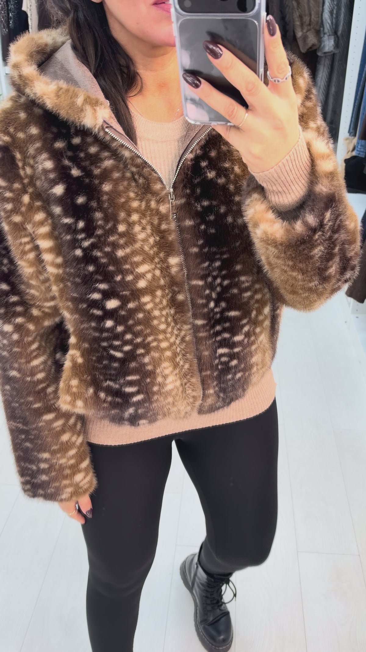 Evrin Bambi Print Faux Fur Hooded Jacket
