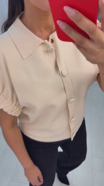 Calluna Plain Button Front Ruched Sleeve Jumper