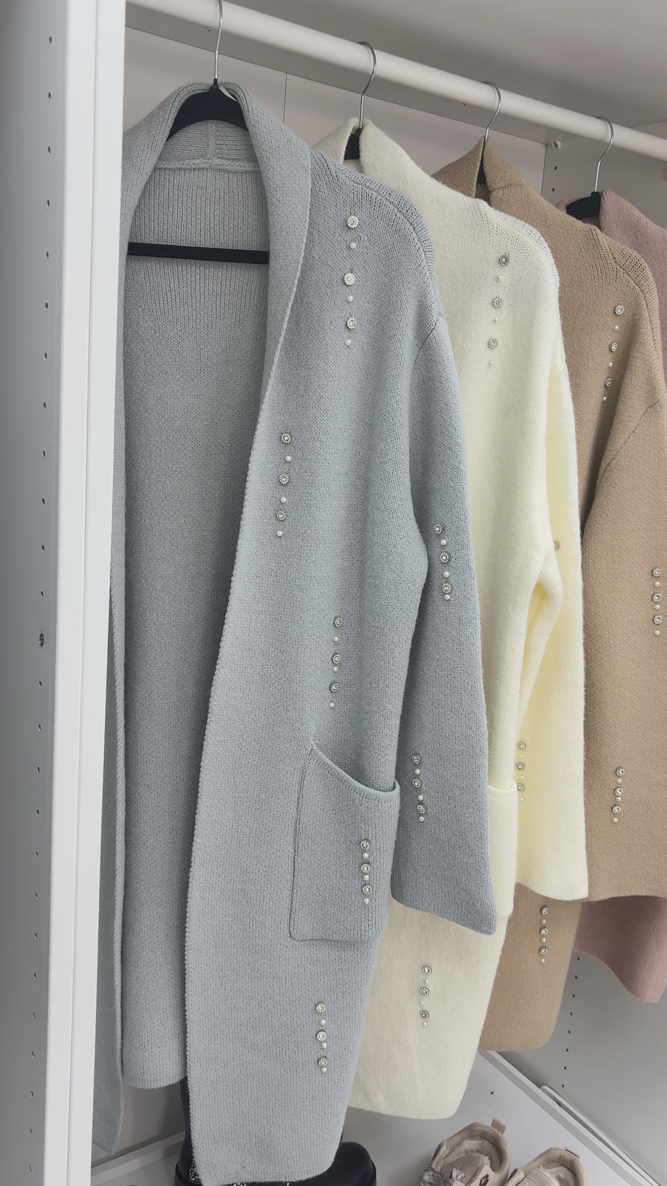 Load video: Emelia Embellished Open Front Longline Cardigan