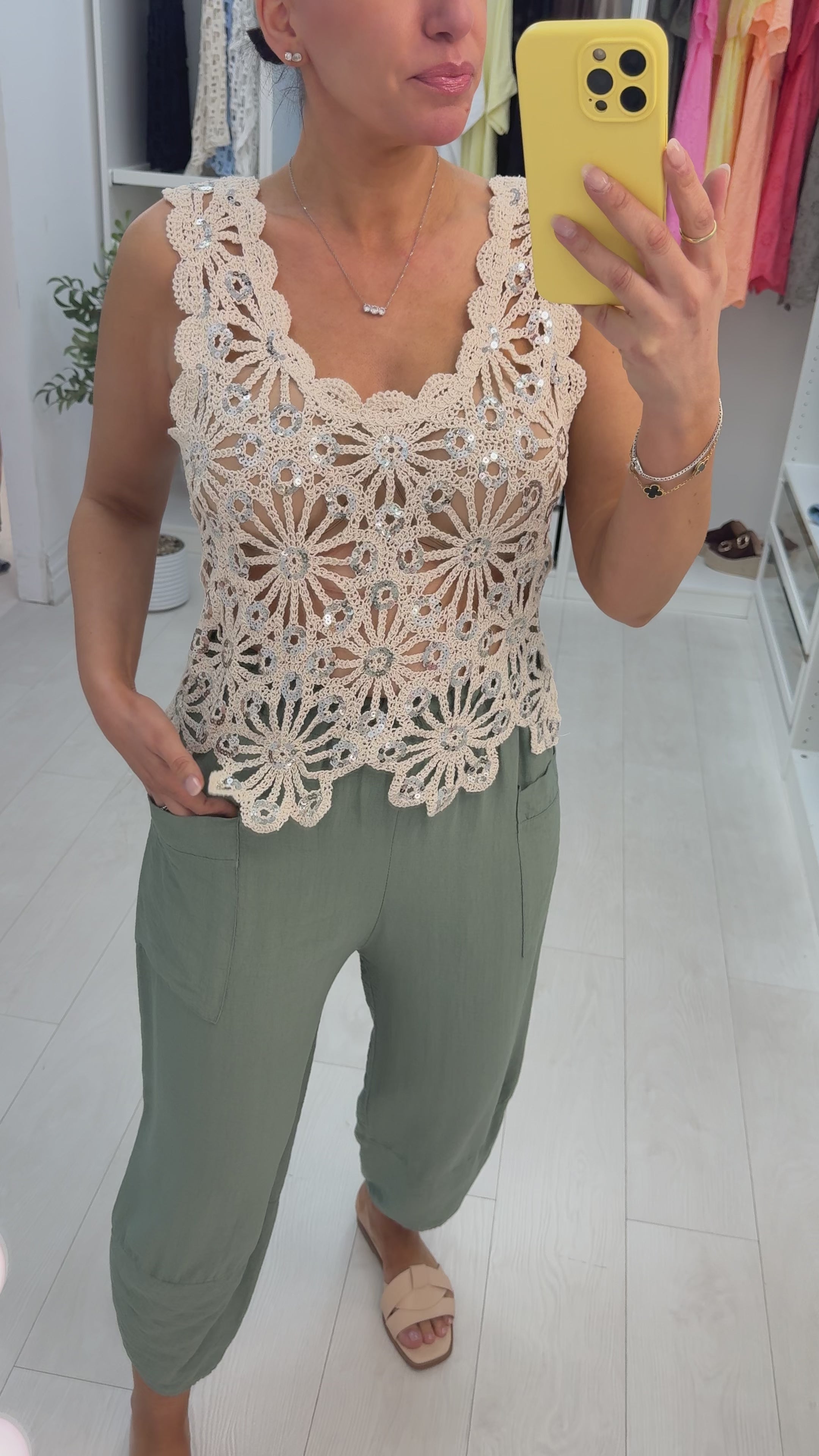 Load video: Savilla Sequin Embellished Crochet Sleeveless Top