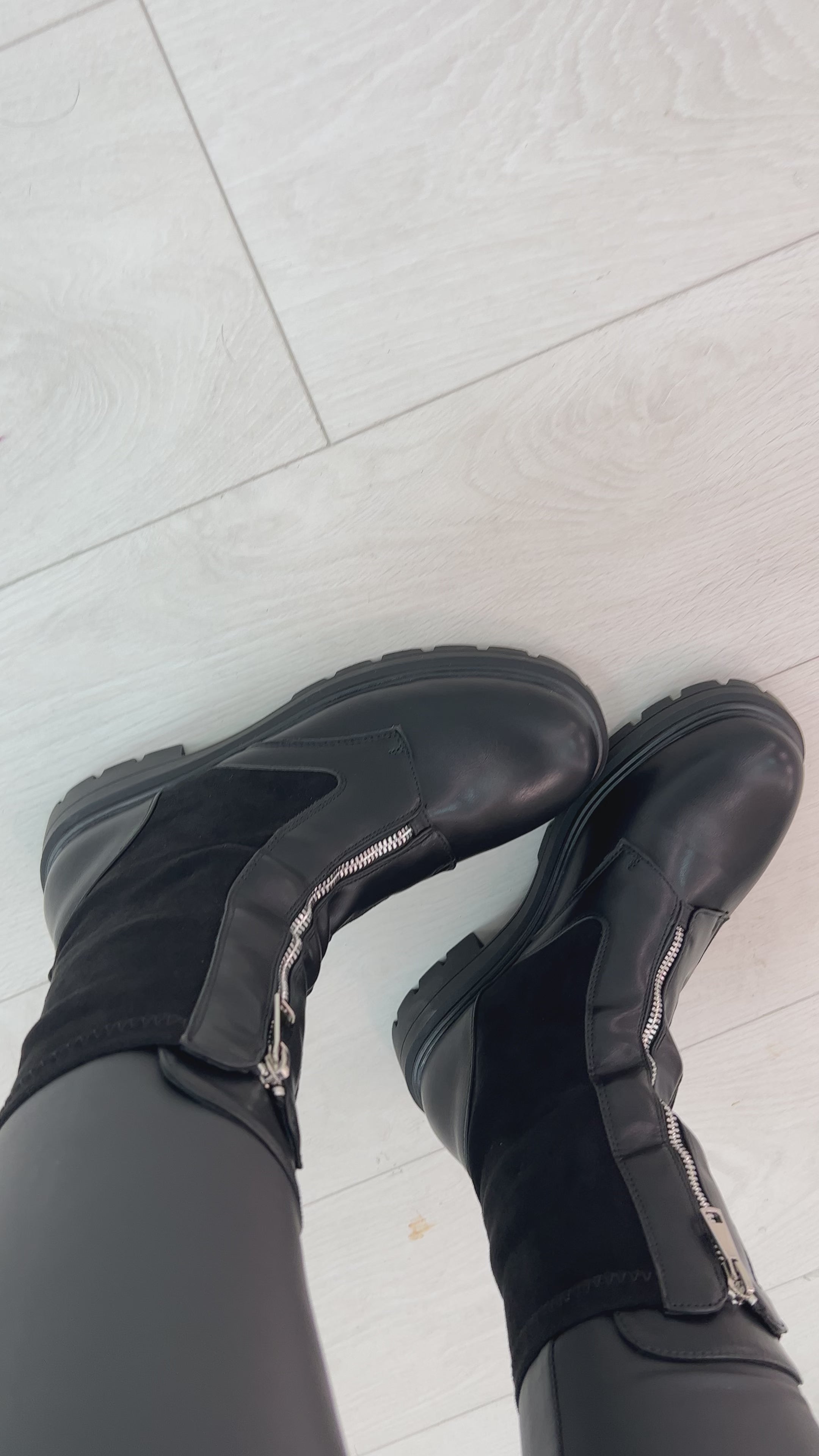 Load video: Panteli Zip Front Faux Suede Detail Sock Boot