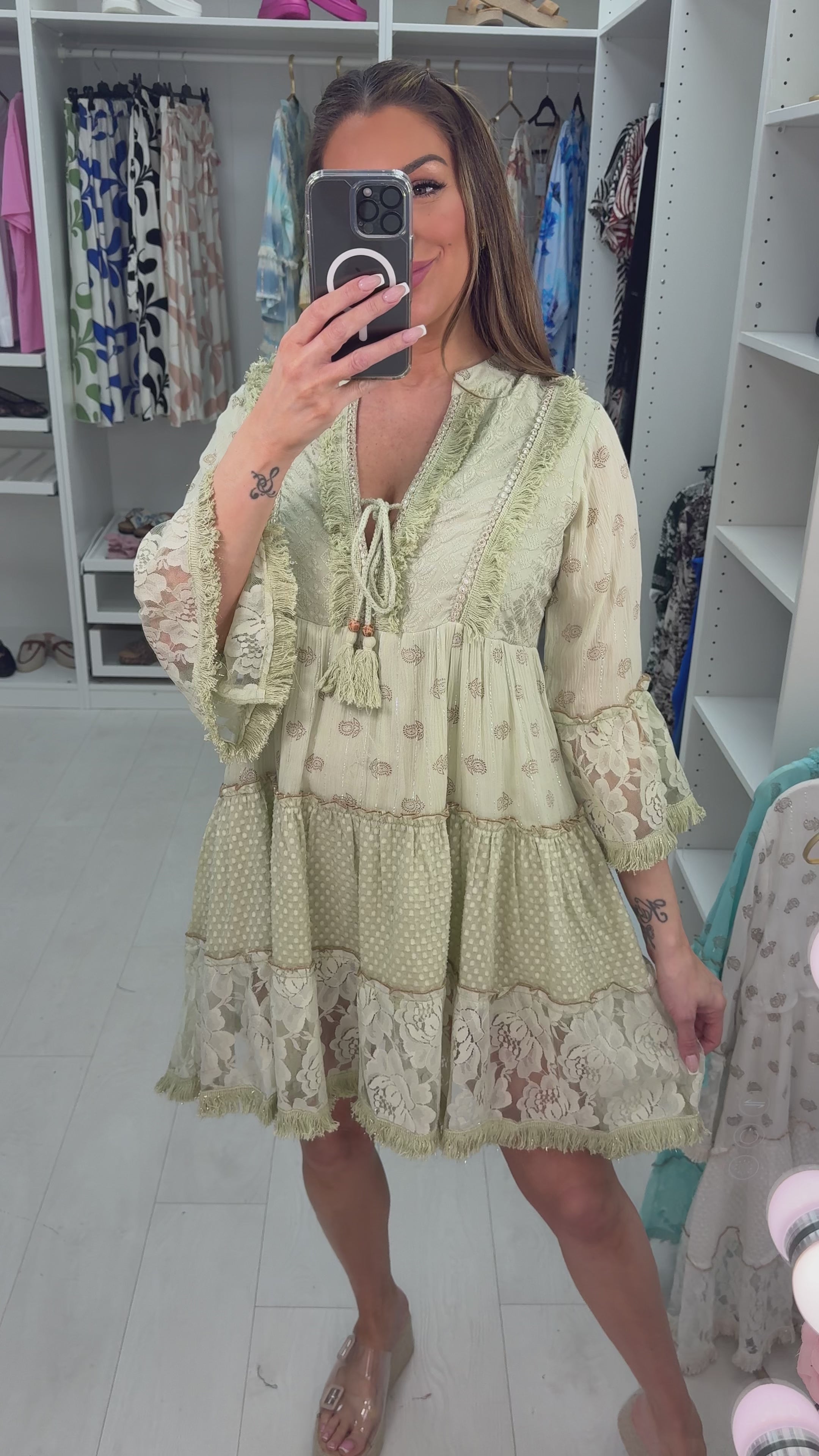 Halli Embellished V Neck Smock Midi Dress