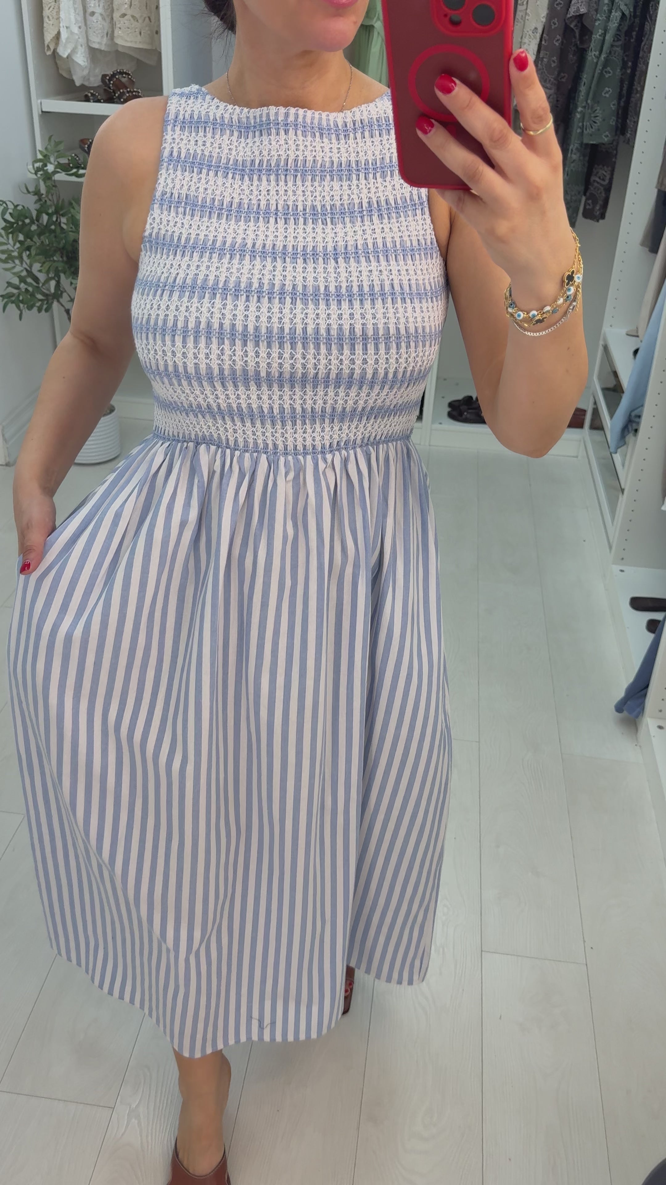 Load video: Nadalia Striped Shirred Bust Poplin Dress