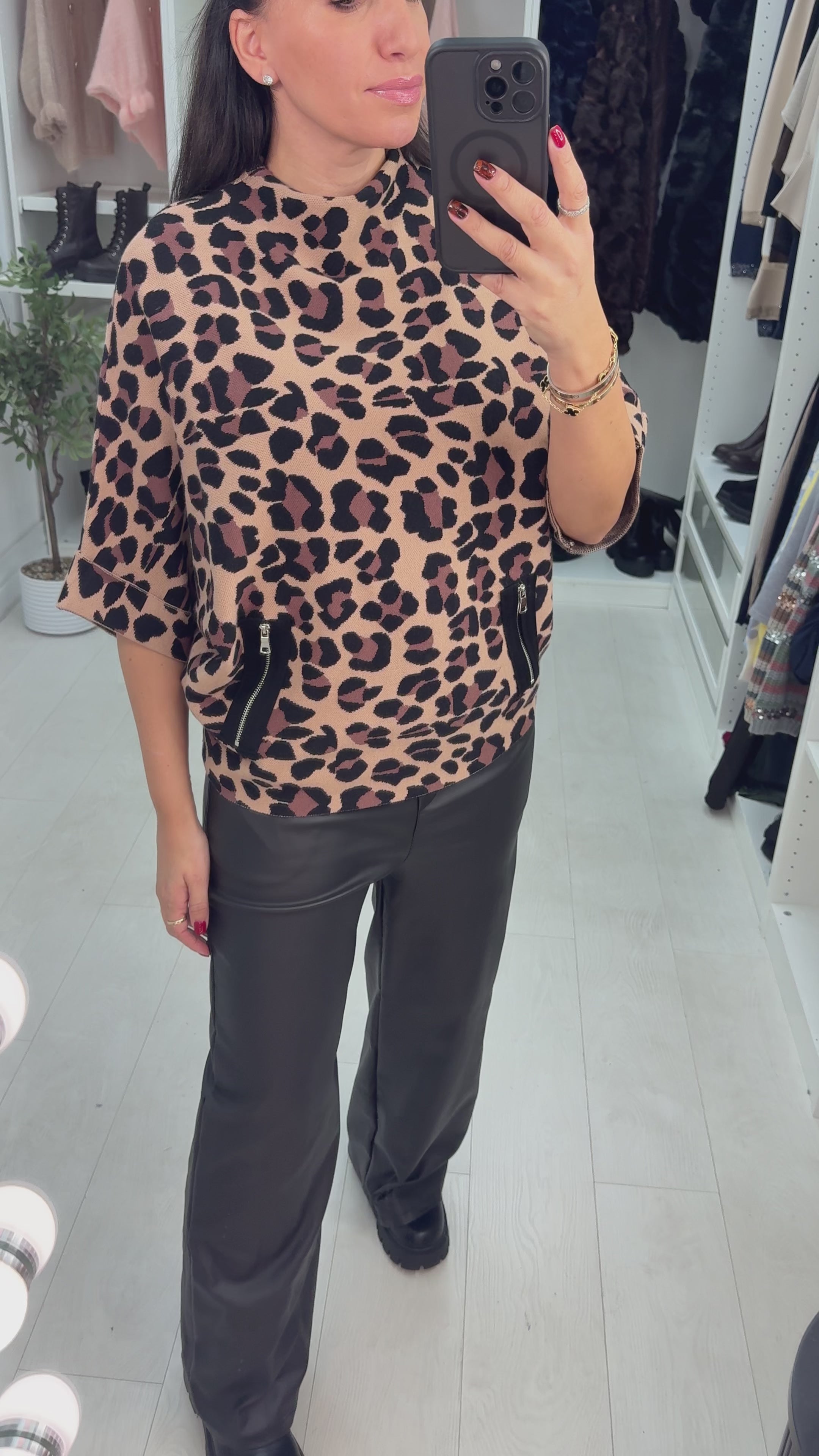 Load video: Danielle Leopard Print High Neck Jumper