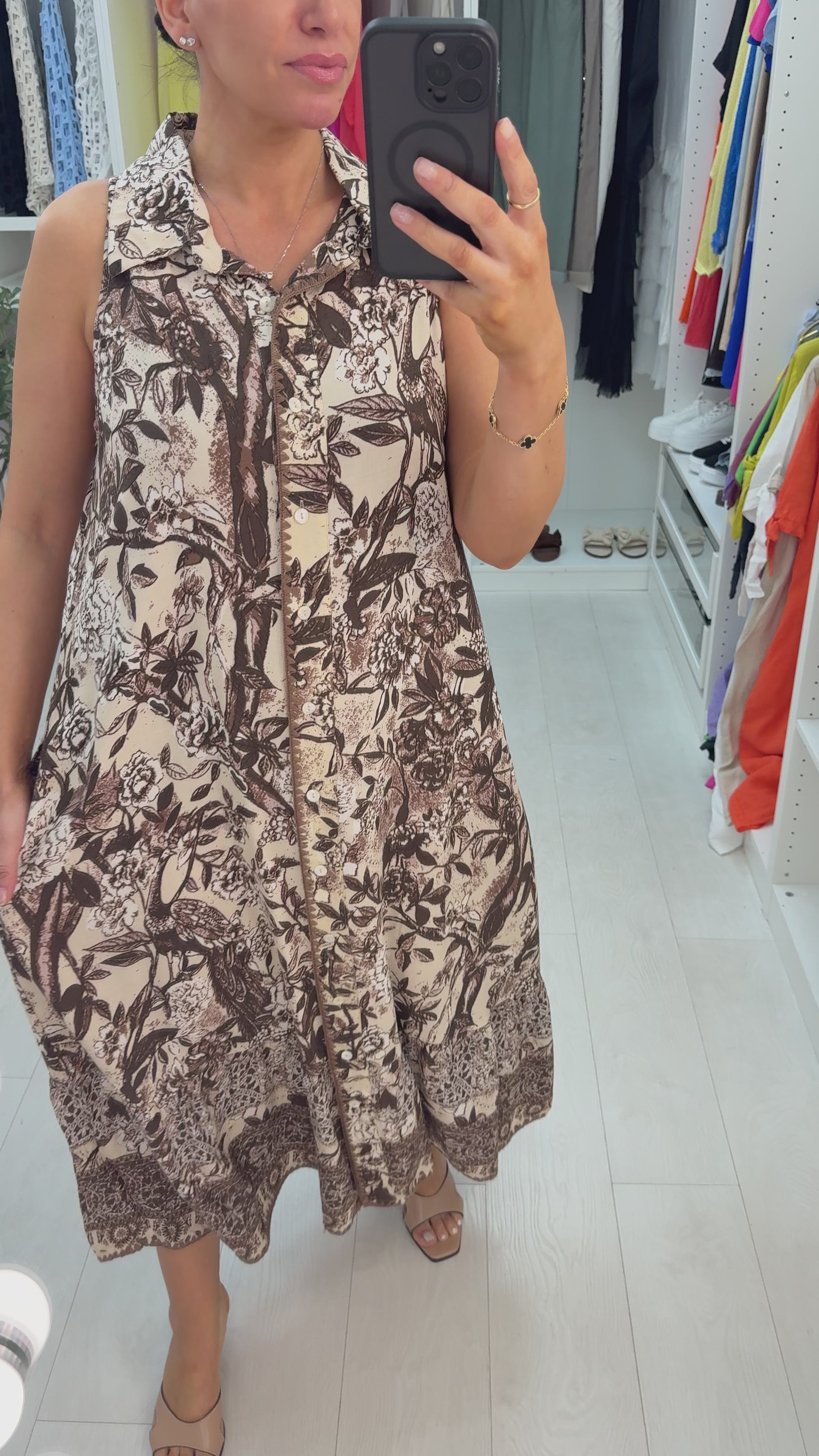 Load video: Emelie Leaf Print Sleeveless Maxi Shirt Dress