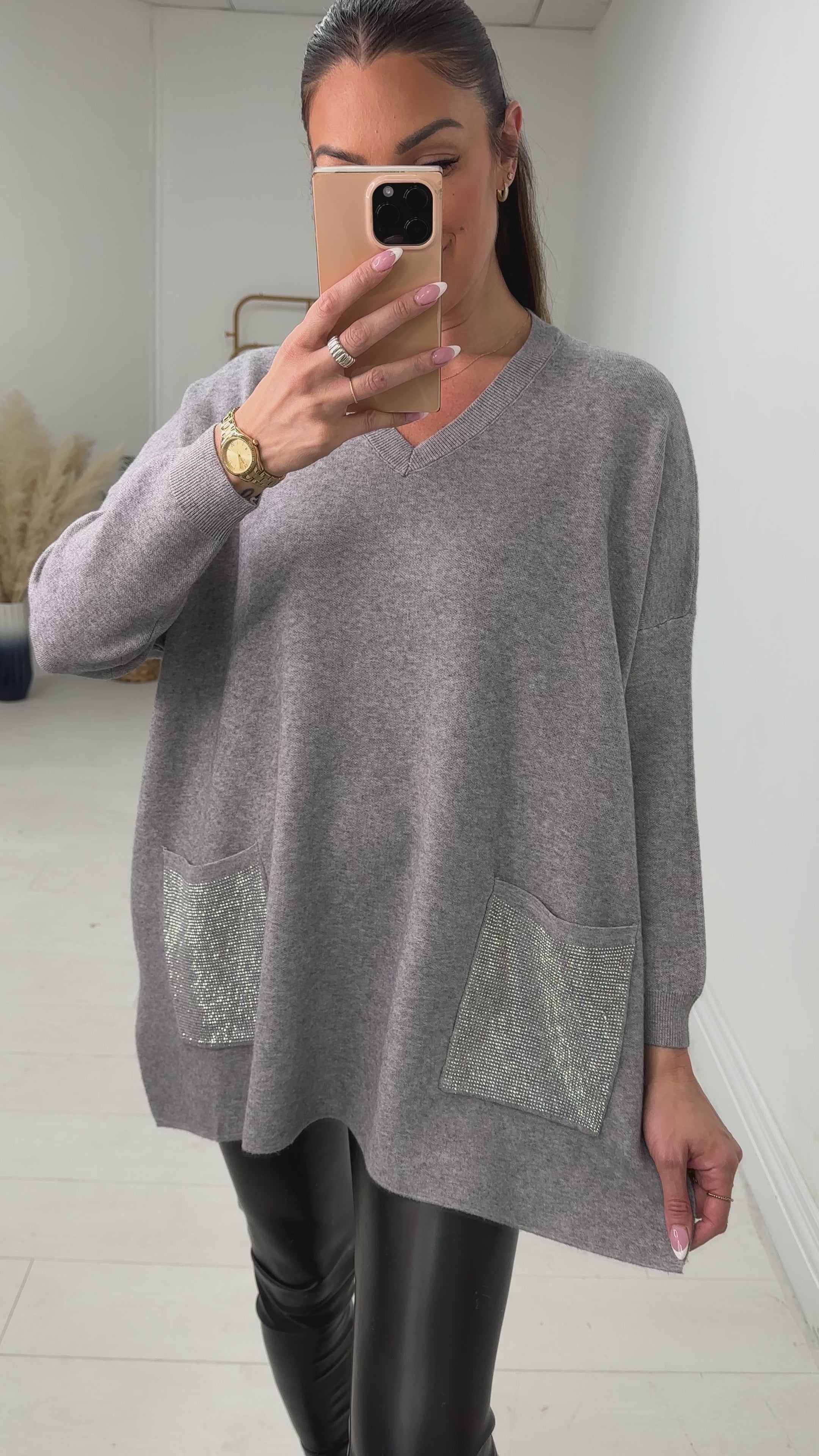 Robin Oversized Diamante Pocket Front Jumper