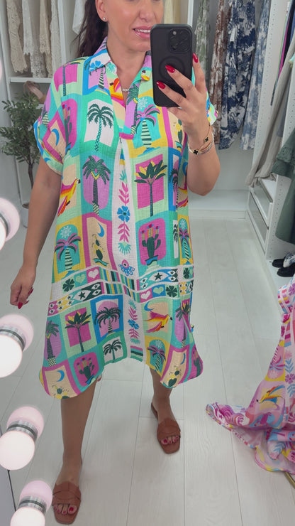 Kelly Tropical Print V Neck Cheesecloth Dress