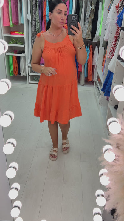 Marigold Cheesecloth Tie Strap Tiered Hem Dress