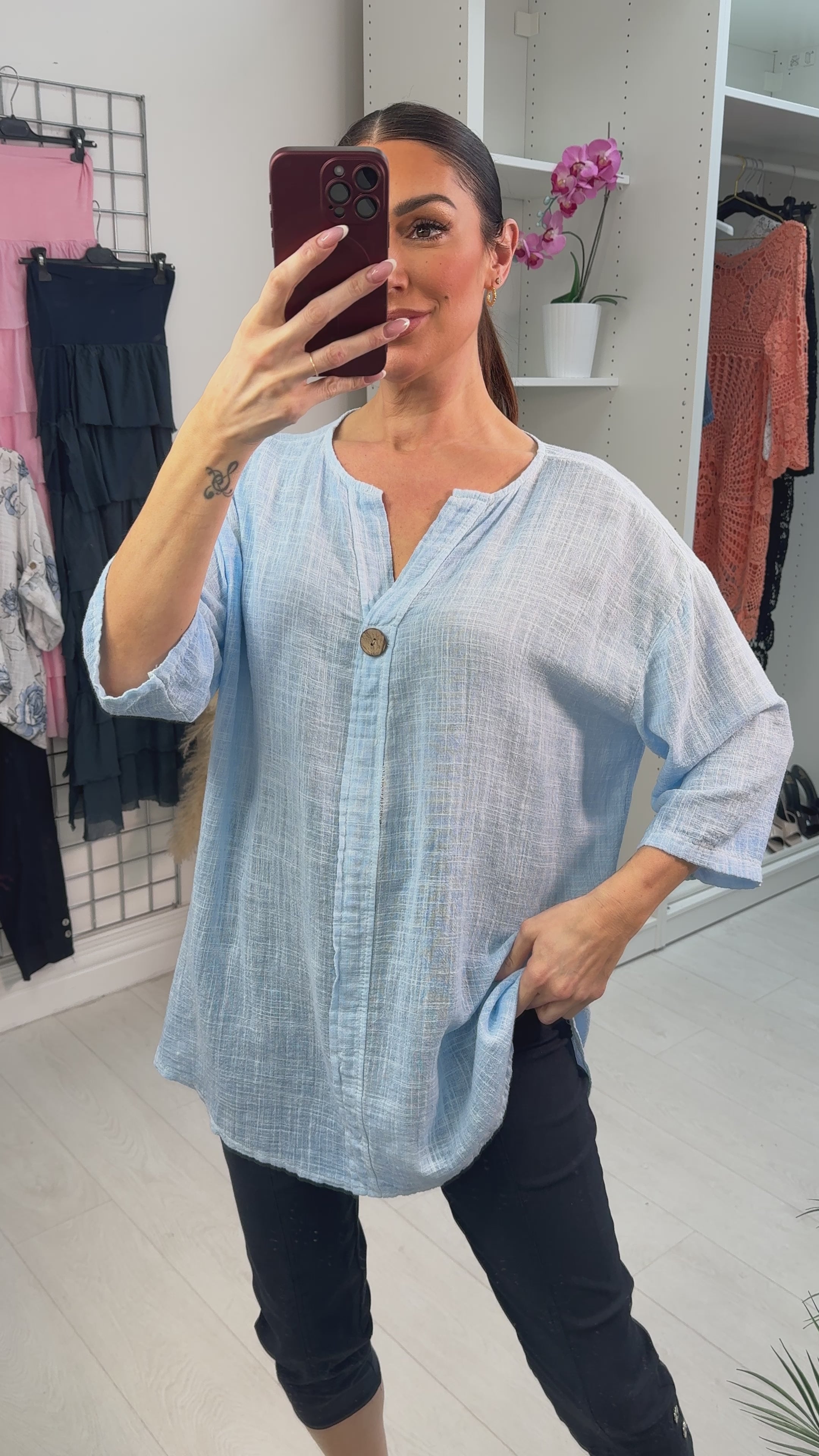 Gaia Plain V Neck Dipped Hem Loose Fit Top