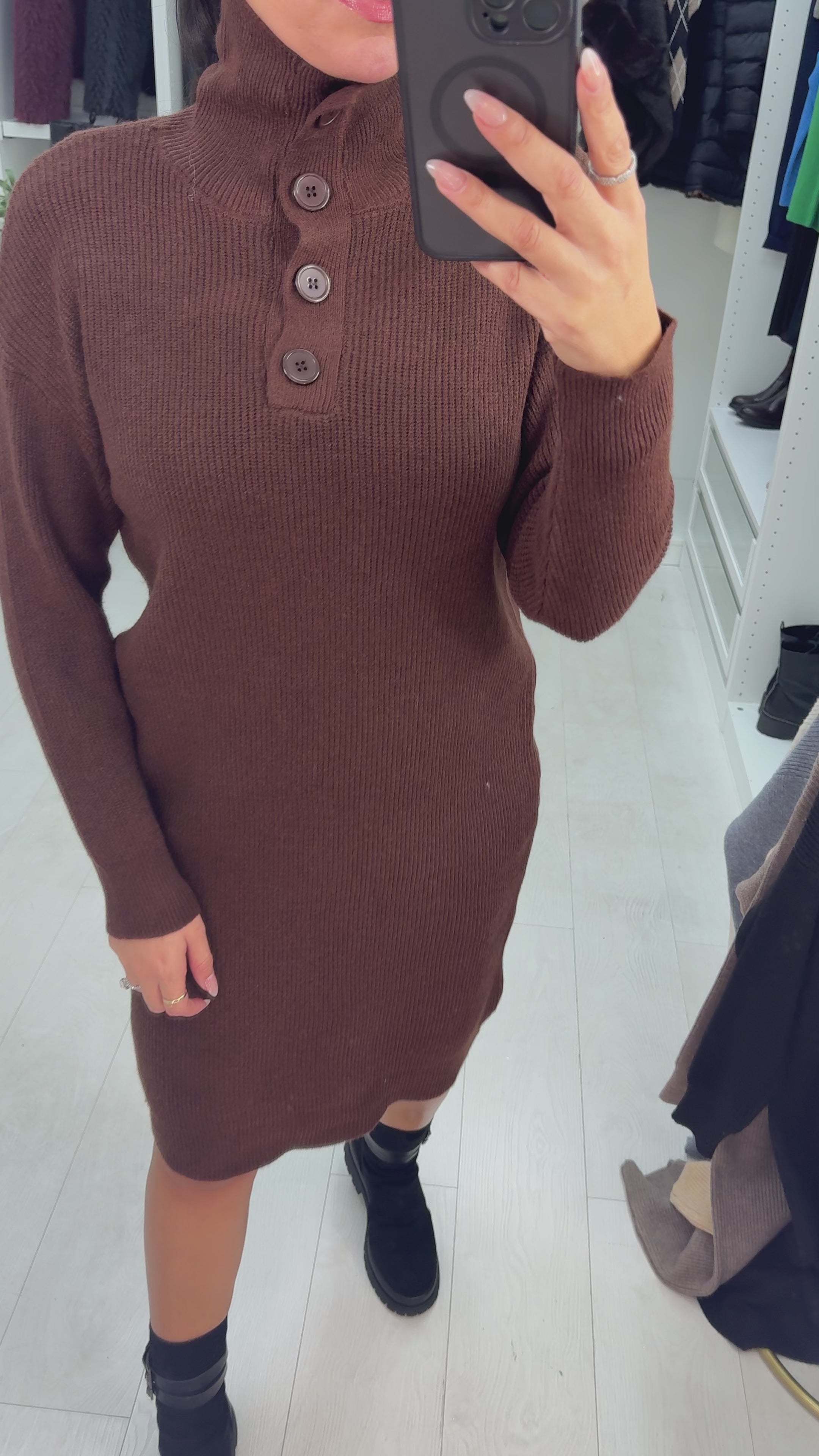 Load video: Viola High Neck Button Detail Jumper Dress