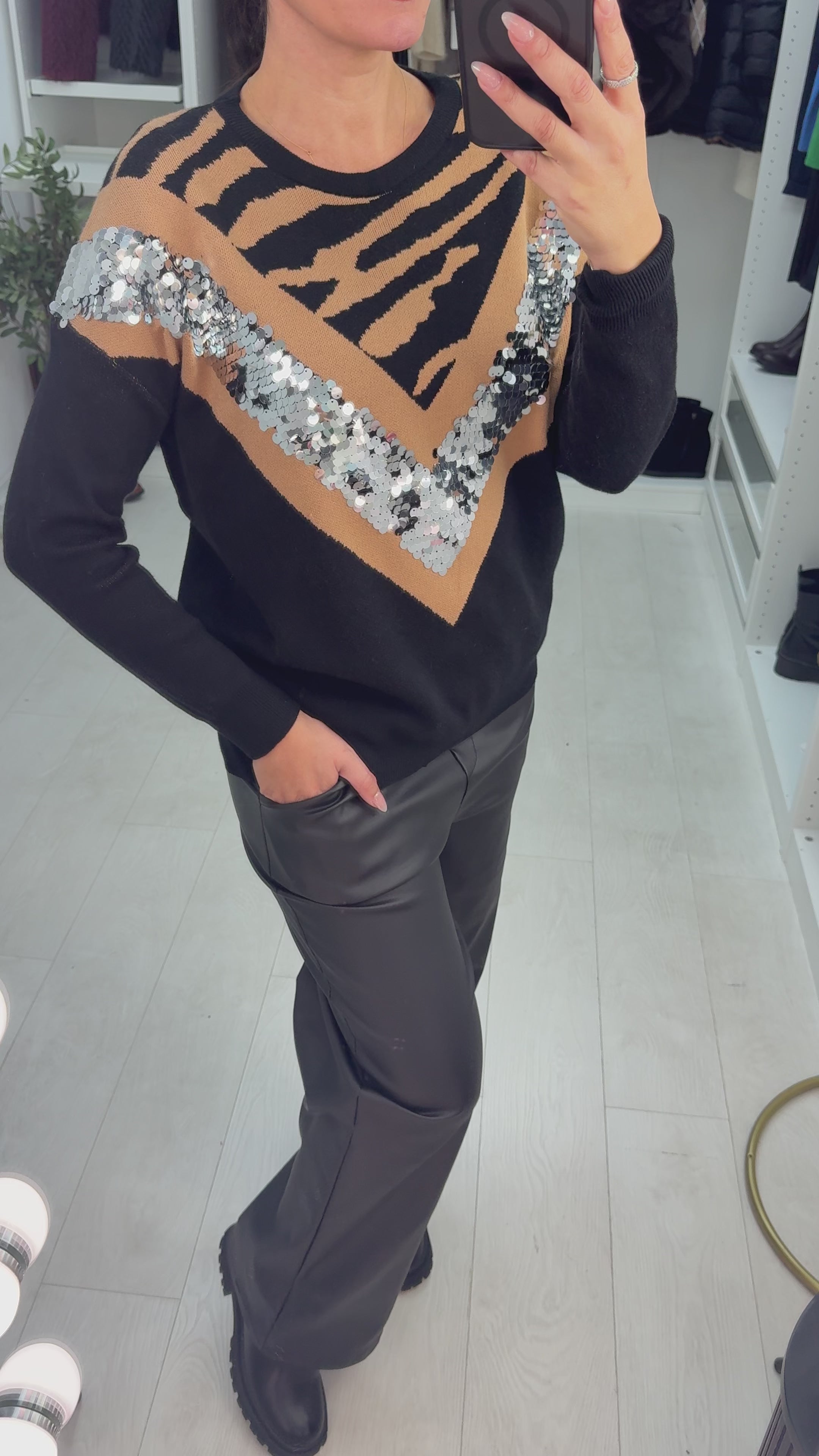 Load video: Alisha Asymmetric Animal Print &amp; Sequin Detailed Jumper