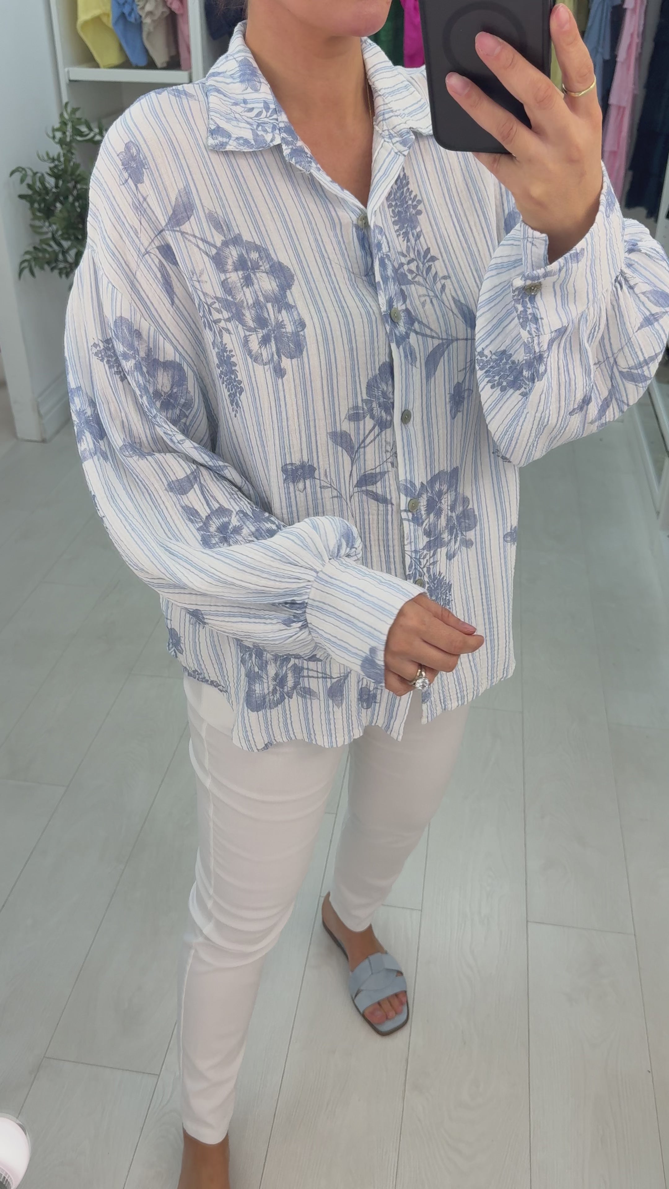 Kimber Floral Pattern Stripe Cheesecloth Shirt